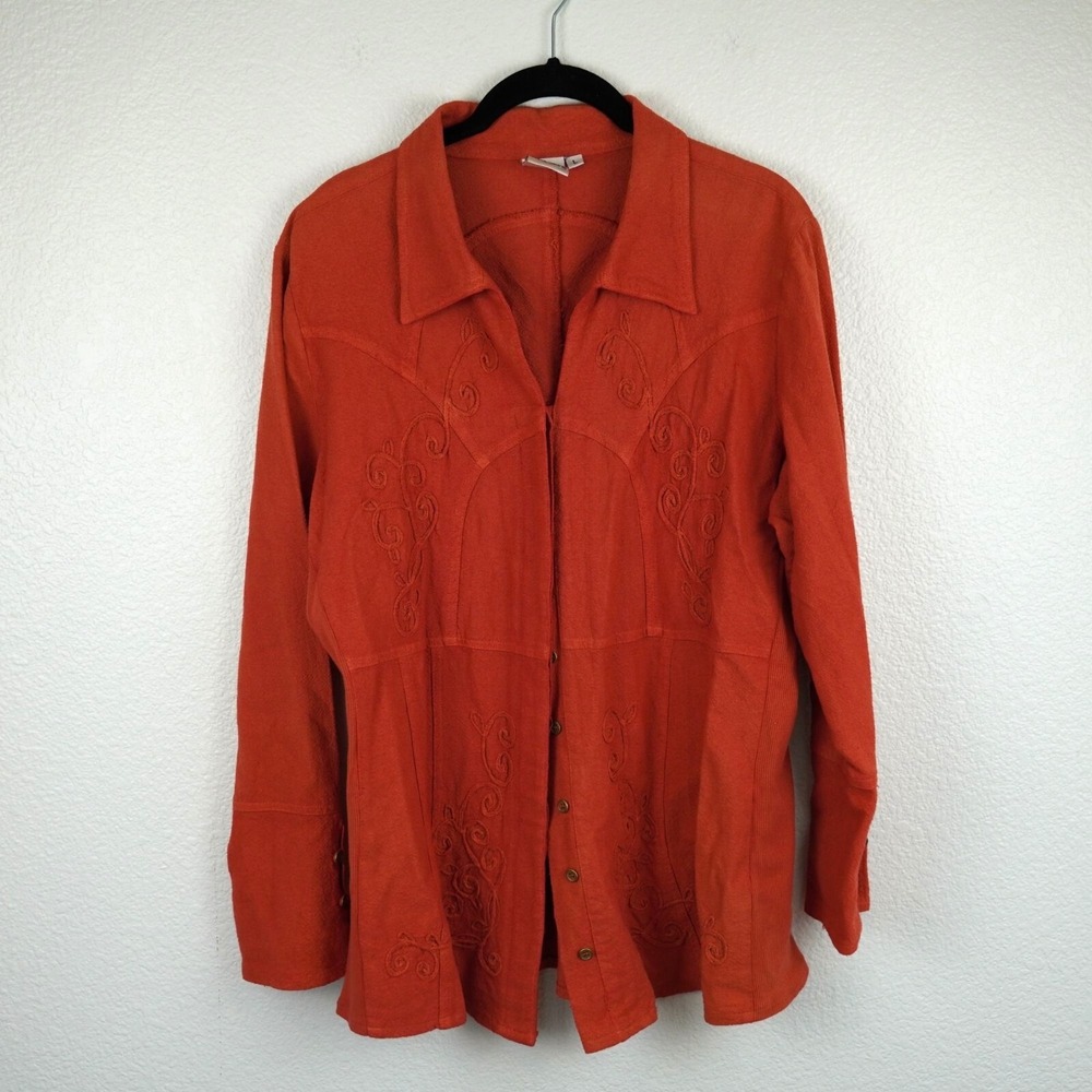 Parsley & Sage Rust Orange Embroidered Button Down Blouse Boho Western Long Slee